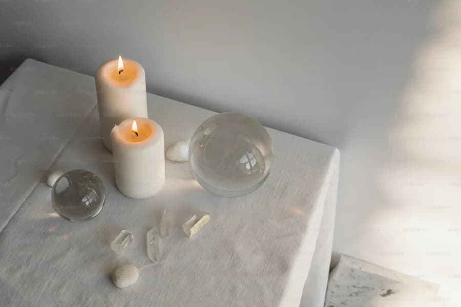 A table topped with two candles and a bowl